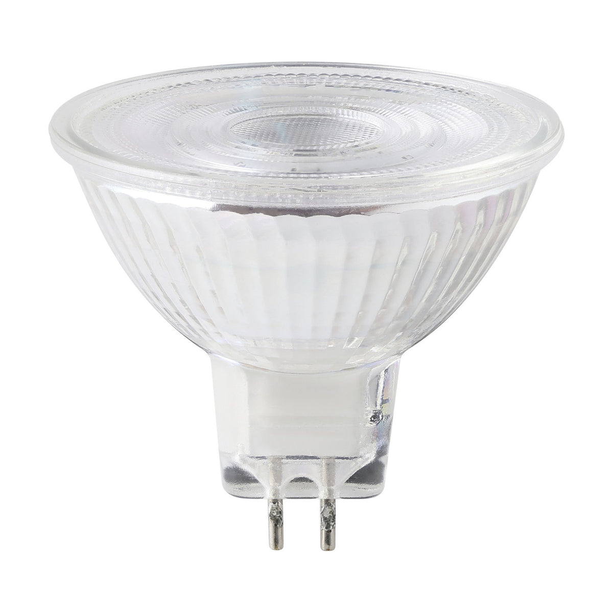 LED Bulb GU5.3 MR16 345lm Cool White with ribbed glass reflector body, clear front lens, and two-pin base, shown on a plain white background.