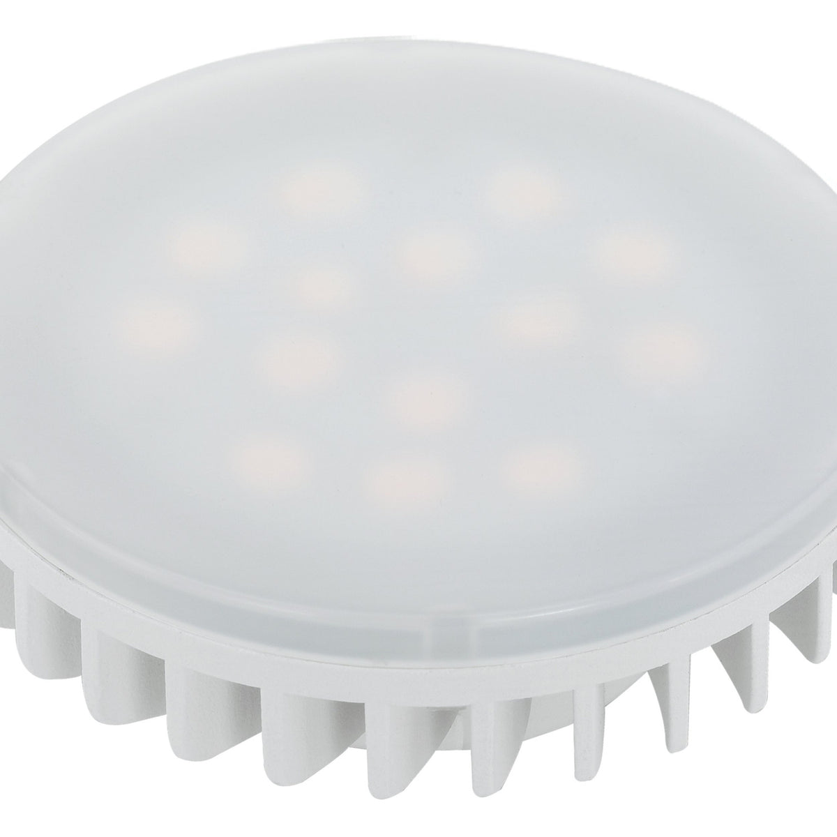LED bulb with GX53 cap, round frosted plastic diffuser showing LED array, white finned base, 4.9W warm white non-dimmable, on a plain white background.