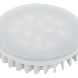 LED bulb with GX53 cap, round frosted plastic diffuser showing LED array, white finned base, 4.9W warm white non-dimmable, on a plain white background.