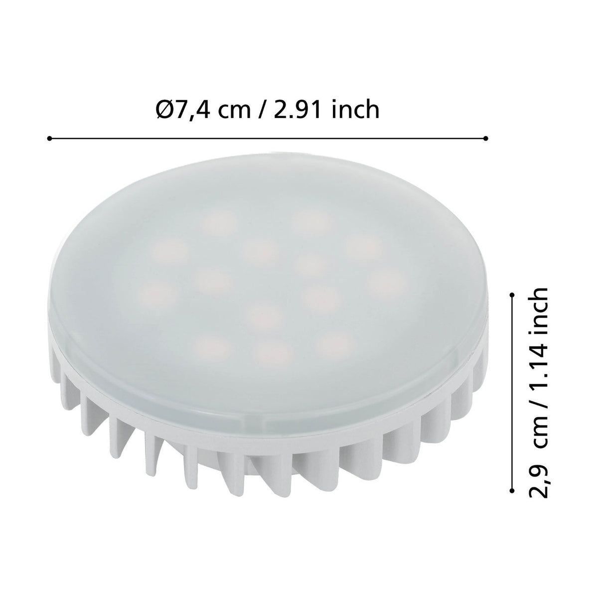 LED bulb with GX53 cap, round frosted plastic diffuser and white finned base, shown with diameter 7.4cm and depth 2.9cm dimensions on a white background.