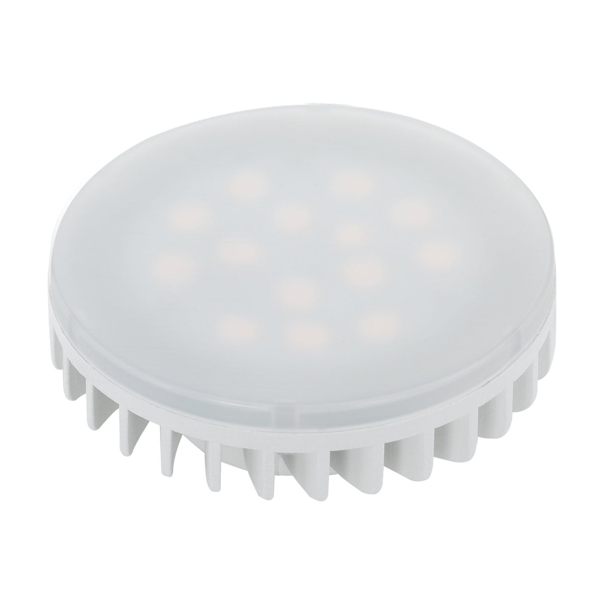 LED bulb with GX53 cap, round frosted disc diffuser and white finned plastic base, 4.9W warm white light on a plain white background.