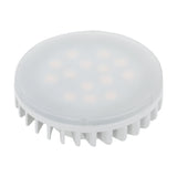 LED bulb with GX53 cap, round frosted disc diffuser and white finned plastic base, 4.9W warm white light on a plain white background.