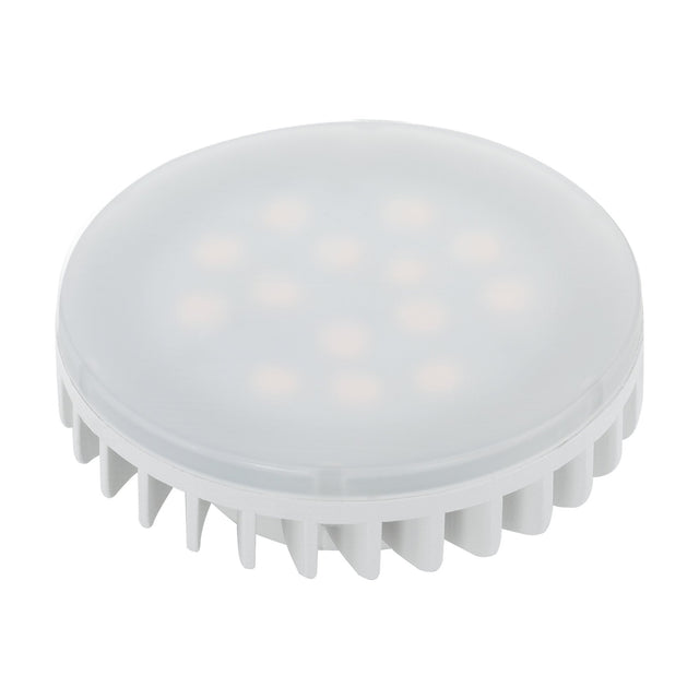 LED bulb with GX53 cap, round frosted disc diffuser and white finned plastic base, 4.9W warm white light on a plain white background.