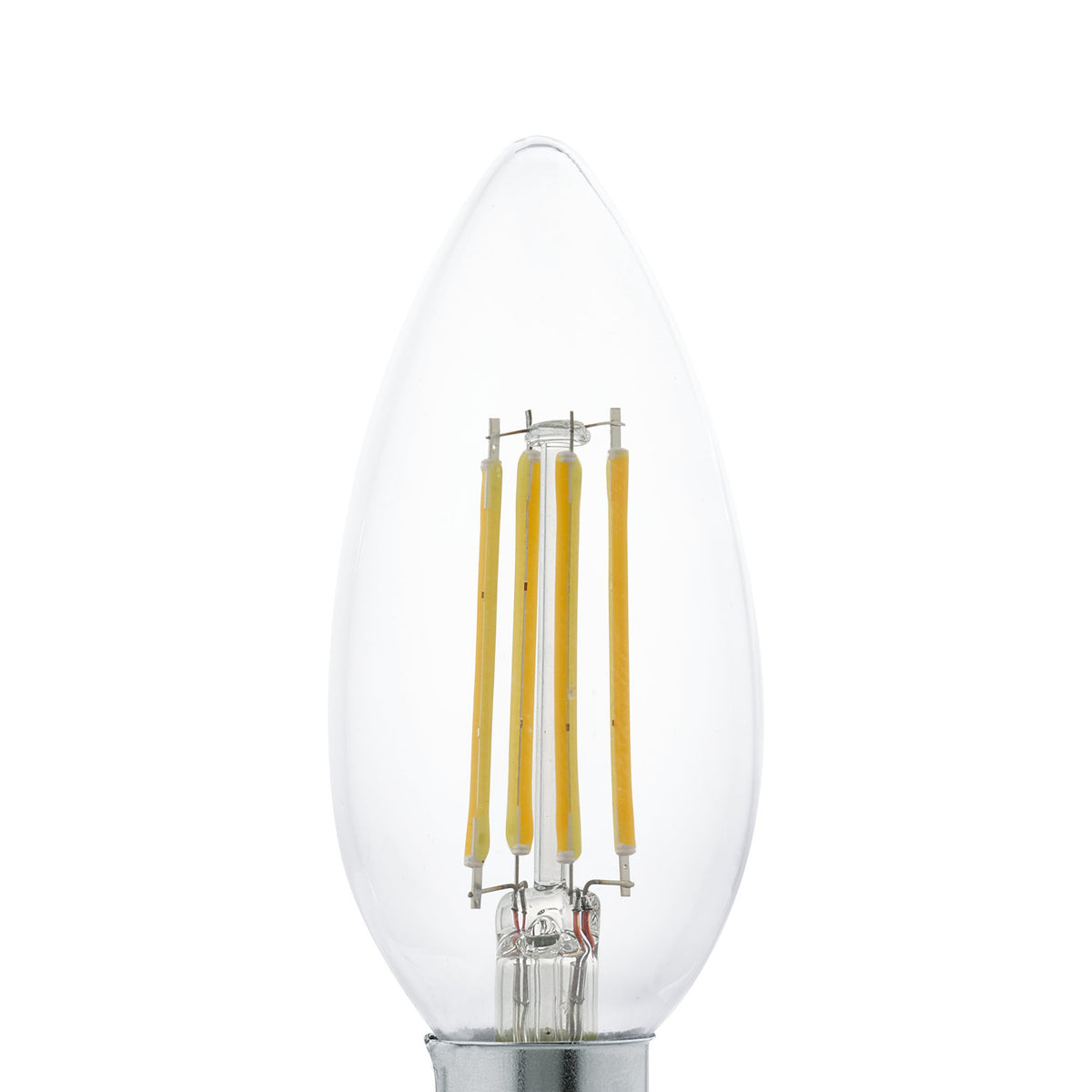LED candle bulb, E14 C35, clear glass with four upright warm white LED filaments, E14 screw cap base, shown on a plain white background.