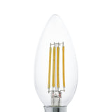 LED candle bulb, E14 C35, clear glass with four upright warm white LED filaments, E14 screw cap base, shown on a plain white background.