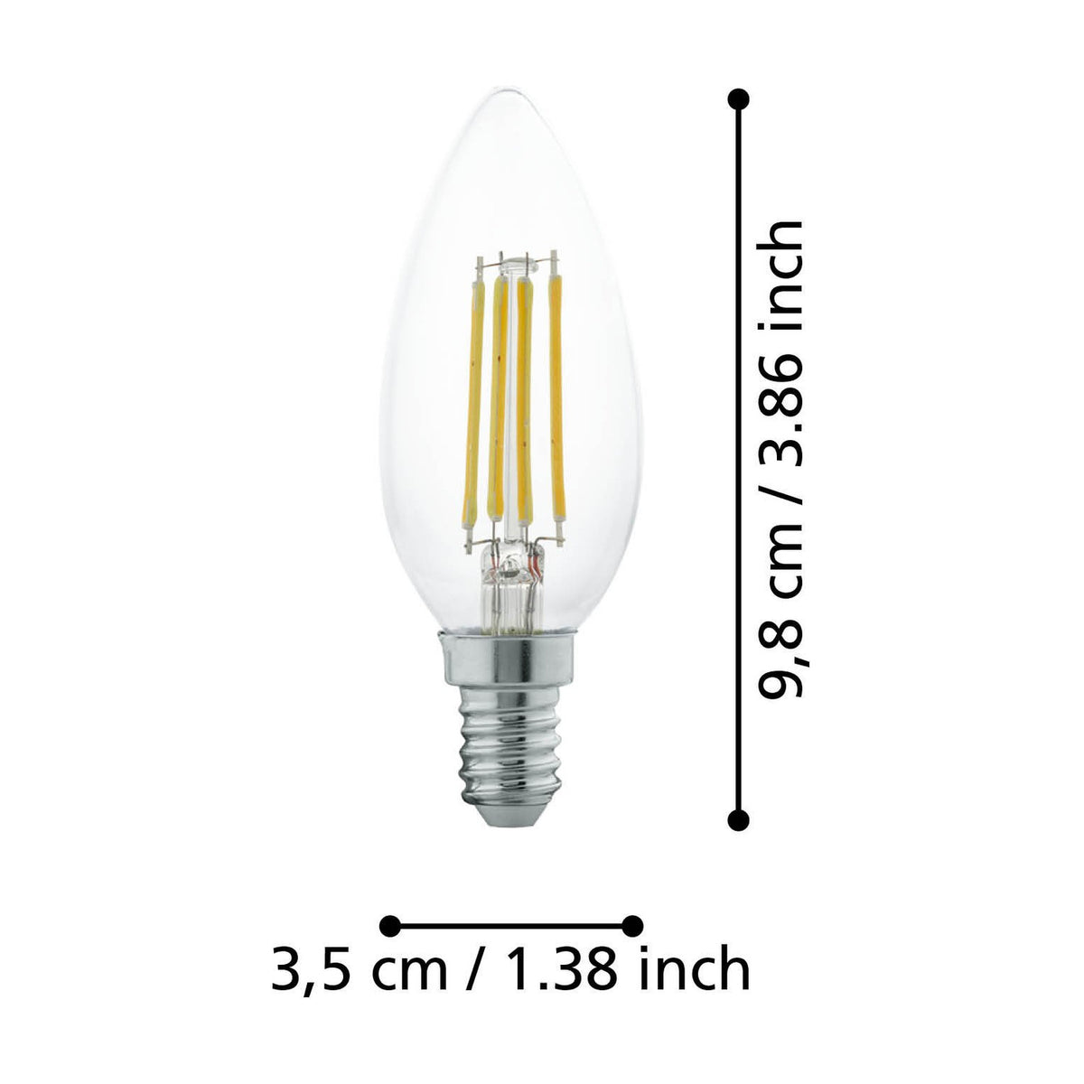 LED candle bulb E14 C35 with clear glass and four visible filaments, shown with dimension labels 9.8cm height and 3.5cm width on a white background.