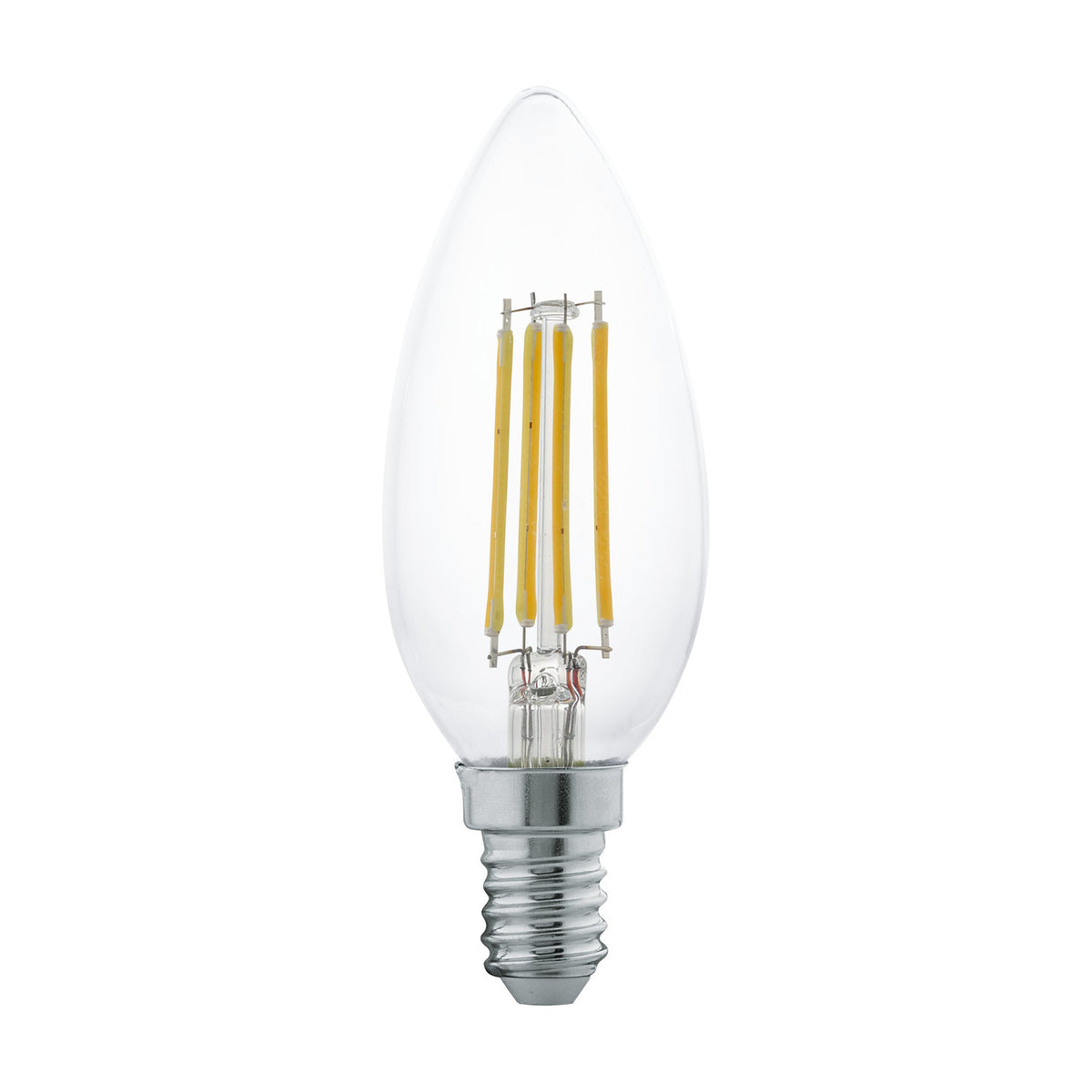 LED candle bulb E14 C35, clear glass with four upright warm white LED filaments, small screw cap base, shown on a plain white background.
