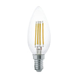 LED candle bulb E14 C35, clear glass with four upright warm white LED filaments, small screw cap base, shown on a plain white background.