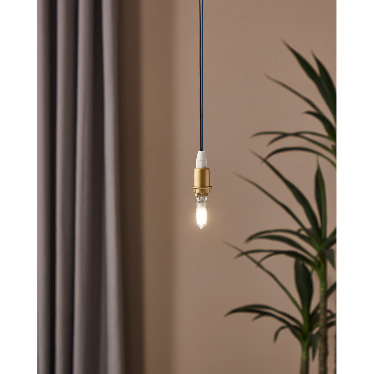 Pendant light fitted with a G9 LED capsule bulb, brass holder and blue cable, glowing warm against a muted pink wall with curtain and plant nearby.