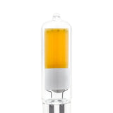 Close-up of an LED capsule bulb with G9 two-pin base, clear glass housing a yellow LED panel, cool white 4000K, shown on a plain white background.