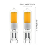 Pack of two LED capsule bulbs with G9 two-pin base, clear glass housing over a visible LED panel, shown with diameter and length measurements on a white background.