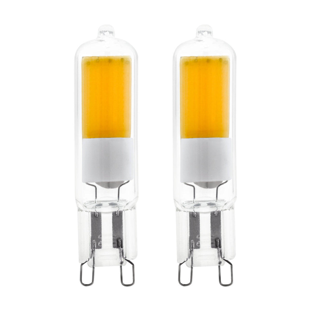 Two LED capsule bulbs with G9 pin base, clear glass casing showing an amber-toned LED panel above a white collar, shown on a plain white background.