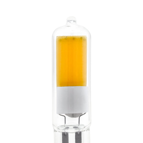 Close-up of a G9 LED capsule bulb with clear glass casing, yellow LED strip, and twin pin base, 2W warm white 200lm, shown on a plain white background.