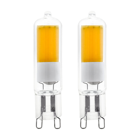 Pack of two G9 LED capsule bulbs with clear glass casing, yellow LED strip, and looped twin pins, 2W warm white 3000K, shown on a plain white background.