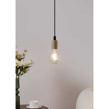 Pendant light with wood-effect fitting and clear LED G95 globe bulb, E27 fitting, shown lit above a side table with a vase of flowers and a teacup.