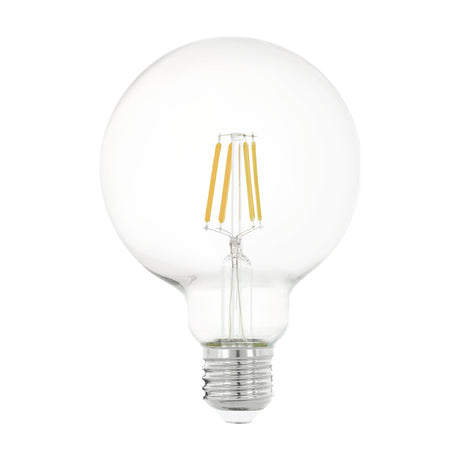LED Globe Bulb E27 G95 in clear glass with visible filament LEDs, 4W warm white 470lm, silver screw cap, shown on a plain white background.