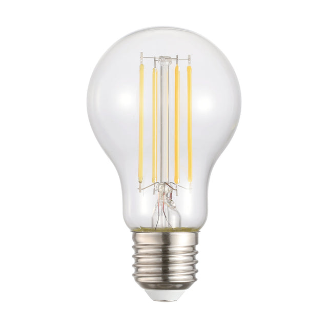 LED GLS bulb in clear glass with classic rounded shape, visible upright filaments, E27 screw cap, cool white, 1055lm, shown on a plain white background.