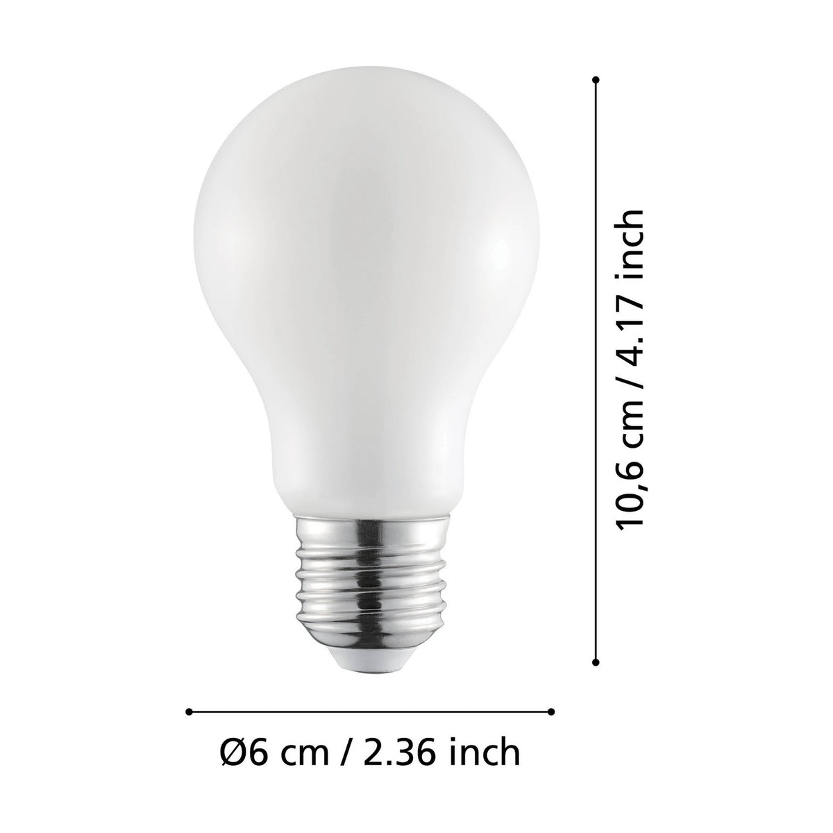 LED GLS bulb in classic pear shape with opal white glass shell and chrome E27 screw cap, shown with dimension labels 10.6cm height and Ø6cm width on a white background.