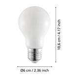 LED GLS bulb in classic pear shape with opal white glass shell and chrome E27 screw cap, shown with dimension labels 10.6cm height and Ø6cm width on a white background.