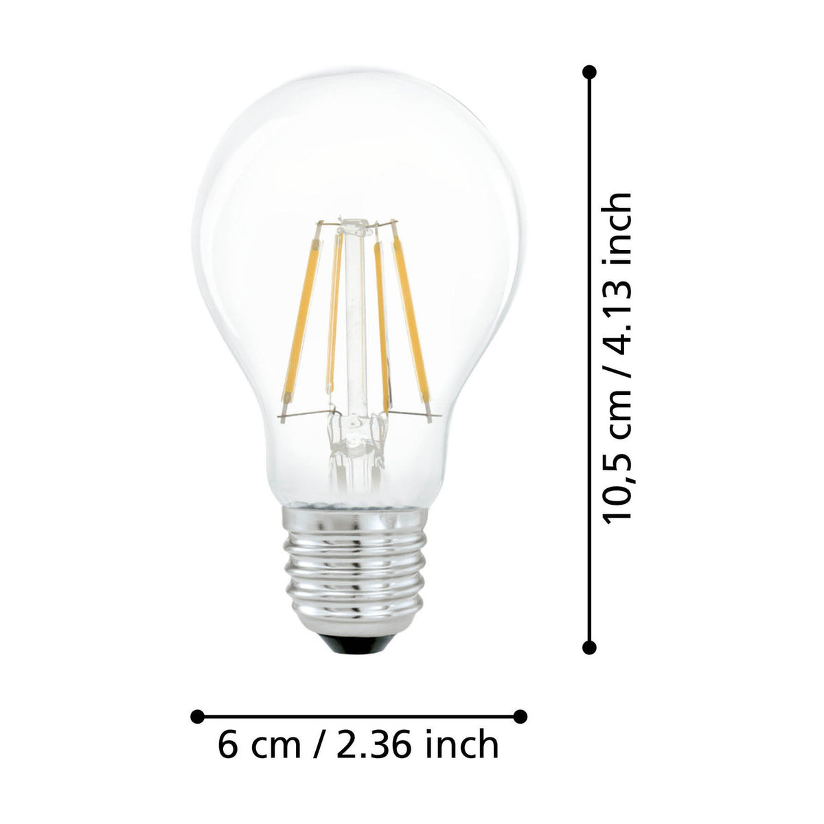 LED GLS bulb, E27, A60 pear shape, clear glass with visible filament strips, warm white 2700K, shown with dimension labels 10.5cm height and 6cm diameter on a white background.
