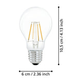 LED GLS bulb, E27, A60 pear shape, clear glass with visible filament strips, warm white 2700K, shown with dimension labels 10.5cm height and 6cm diameter on a white background.