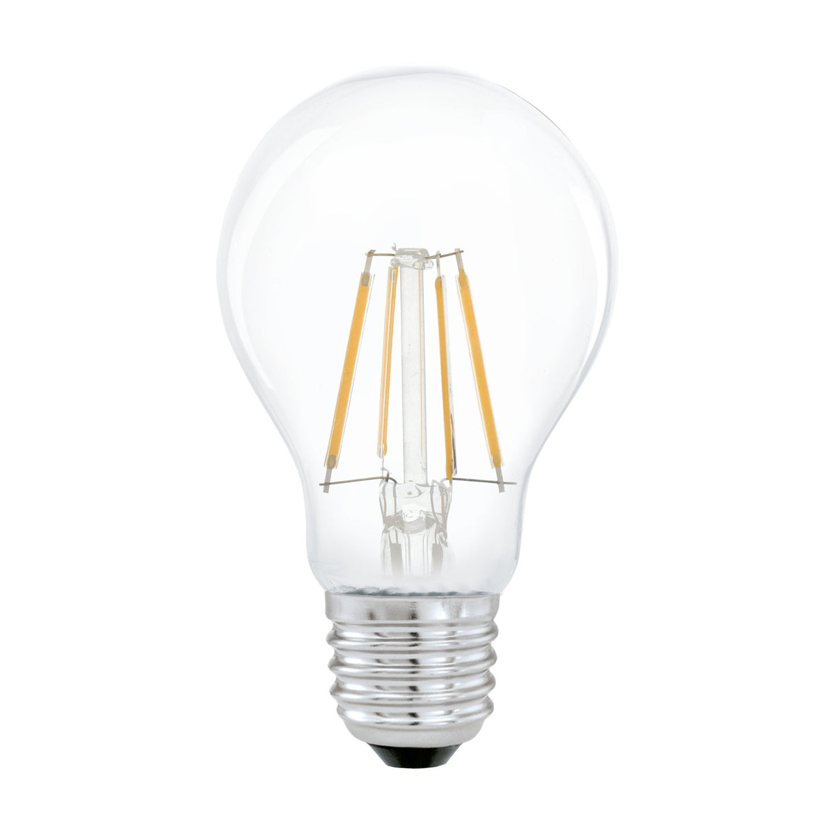 LED GLS filament bulb, E27 screw cap, classic pear shape in clear glass with visible upright filaments, 4W warm white, shown on a plain white background.