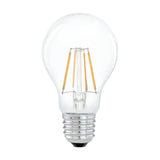 LED GLS filament bulb, E27 screw cap, classic pear shape in clear glass with visible upright filaments, 4W warm white, shown on a plain white background.
