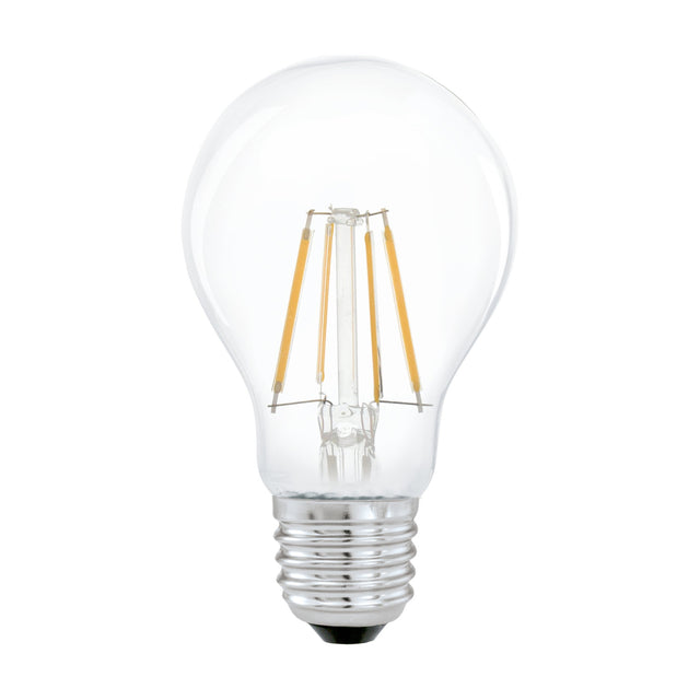 LED GLS filament bulb, E27 screw cap, classic pear shape in clear glass with visible upright filaments, 4W warm white, shown on a plain white background.