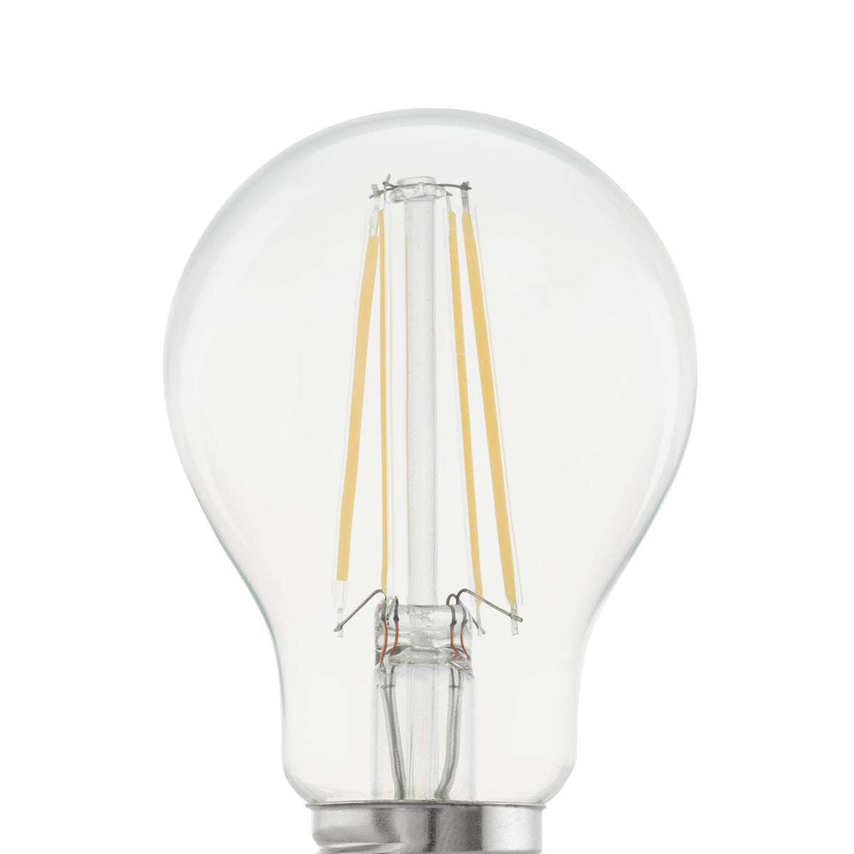 LED GLS bulb, A60 pear shape, clear glass body with visible filament LEDs and E27 screw cap, shown close-up on a plain white background.