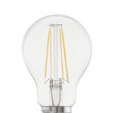 LED GLS bulb, A60 pear shape, clear glass body with visible filament LEDs and E27 screw cap, shown close-up on a plain white background.