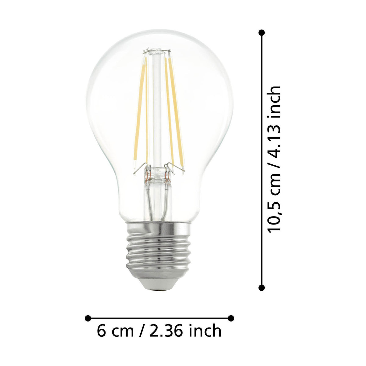 LED GLS filament bulb, E27 screw cap, clear glass pear-shaped body with visible LED filaments, shown with dimensions 10.5cm height and 6cm diameter on a white background.