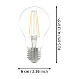 LED GLS filament bulb, E27 screw cap, clear glass pear-shaped body with visible LED filaments, shown with dimensions 10.5cm height and 6cm diameter on a white background.
