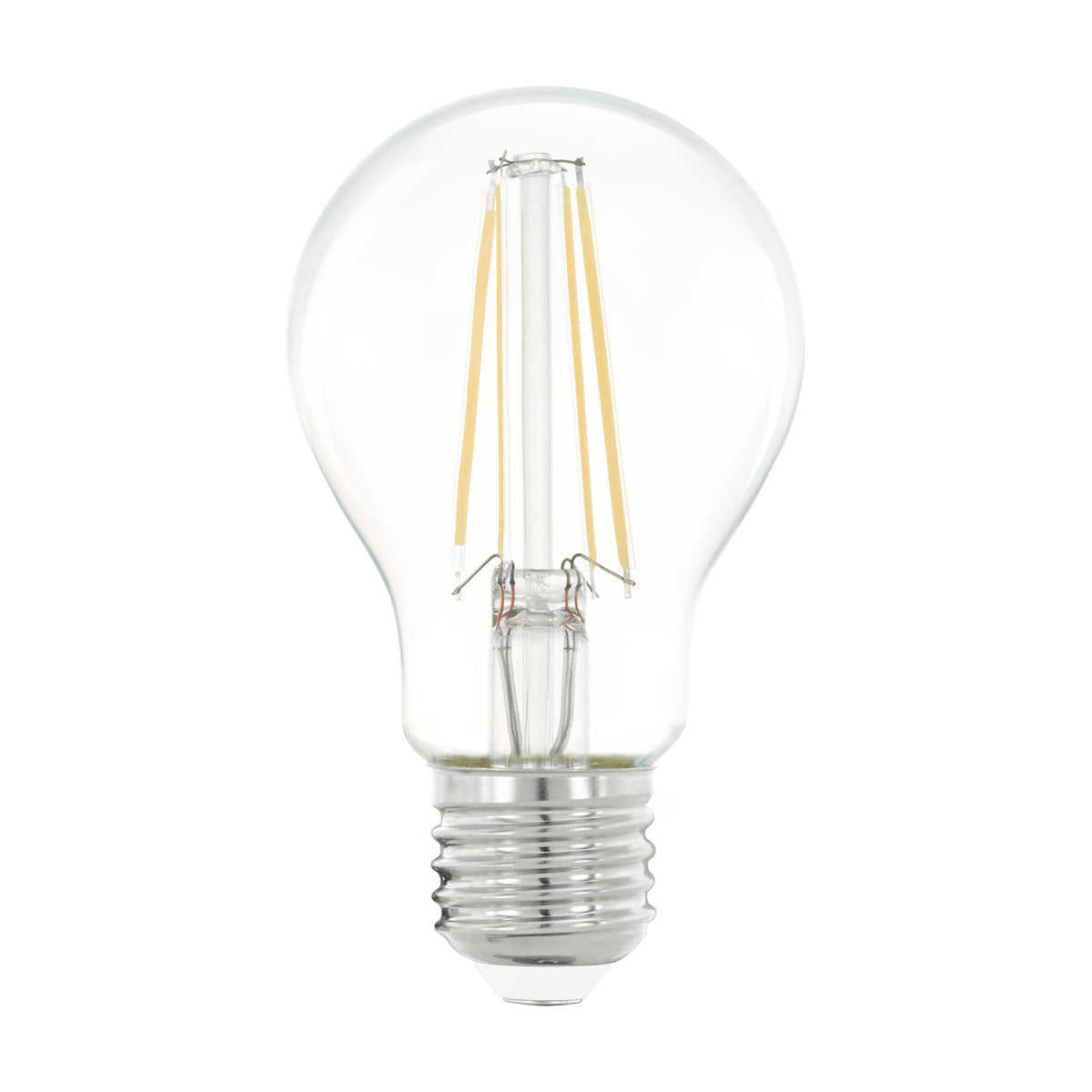 LED GLS bulb, E27 screw cap, clear glass pear shape with visible LED filaments, warm white 4W 470lm, shown on a plain white background.