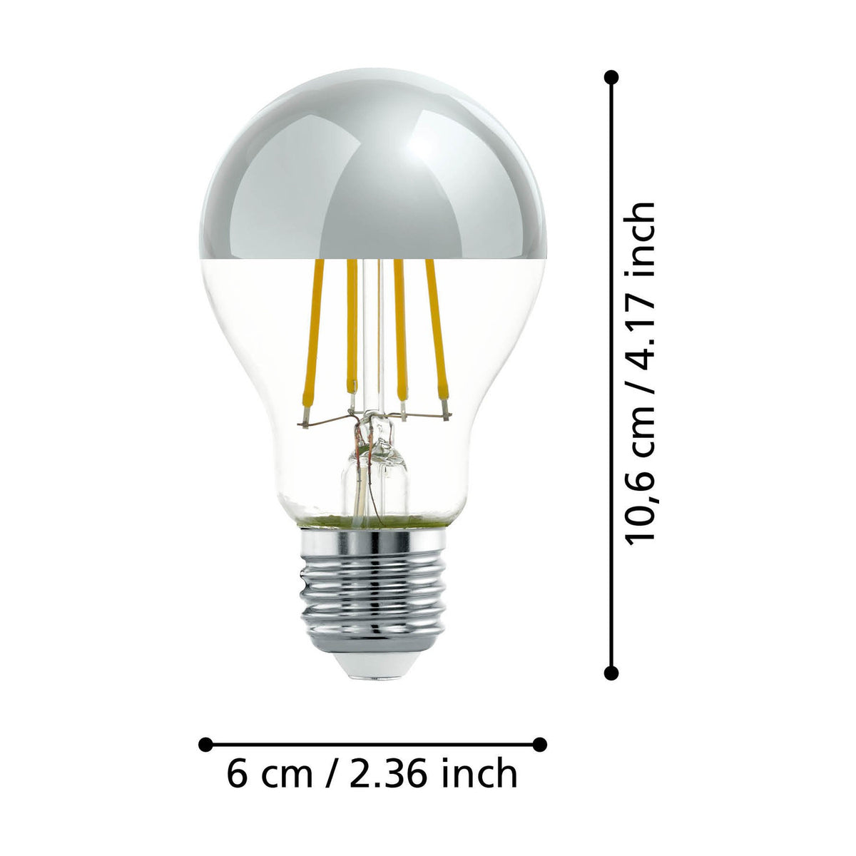 LED GLS bulb with chrome mirrored crown top, clear glass lower half showing amber filaments, E27 screw cap, shown with size dimensions 10.6cm x 6cm on a white background.