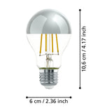 LED GLS bulb with chrome mirrored crown top, clear glass lower half showing amber filaments, E27 screw cap, shown with size dimensions 10.6cm x 6cm on a white background.
