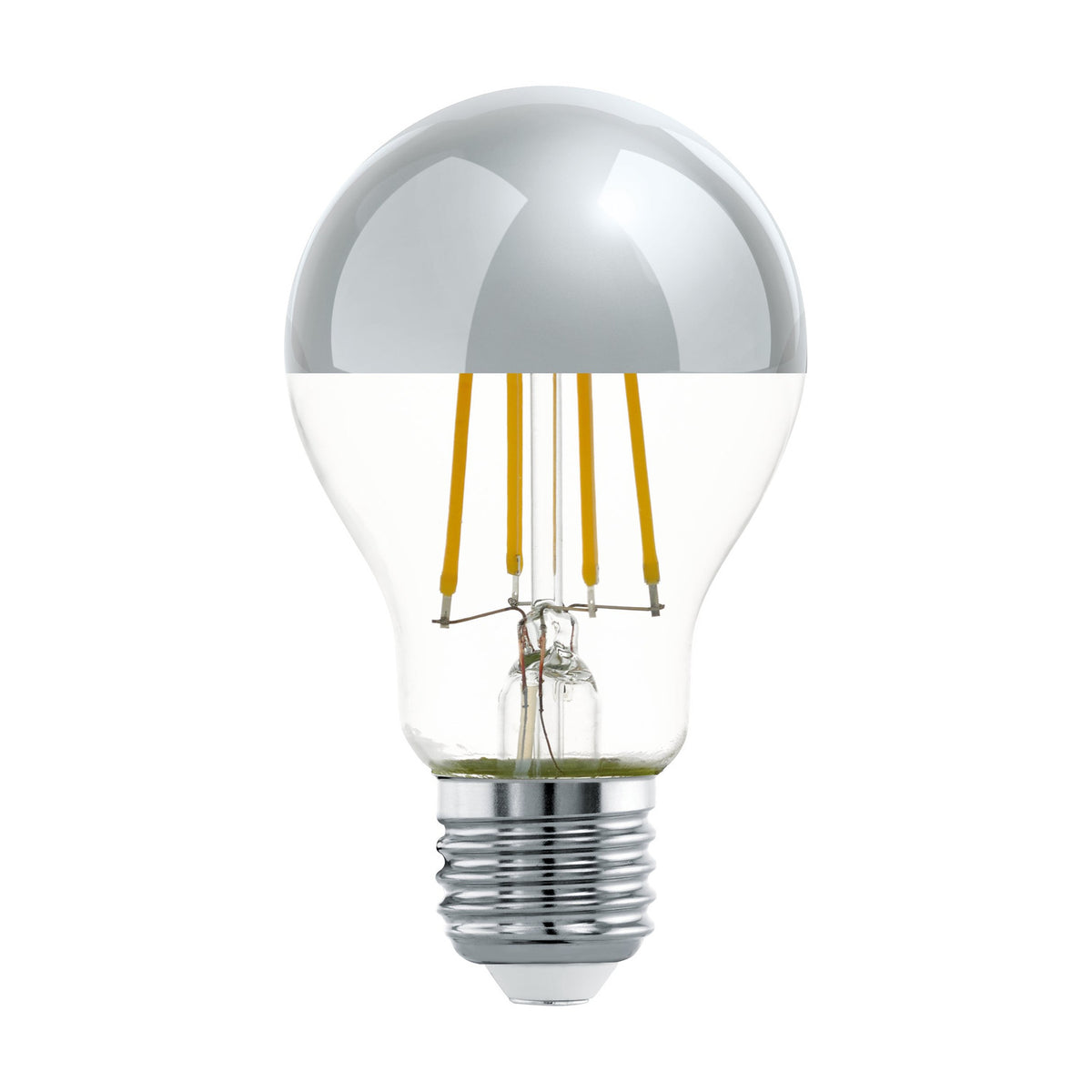 LED GLS bulb with chrome mirrored crown top and clear glass lower half revealing amber filaments, E27 screw cap, 7.3W warm white, on a plain white background.