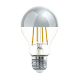 LED GLS bulb with chrome mirrored crown top and clear glass lower half revealing amber filaments, E27 screw cap, 7.3W warm white, on a plain white background.