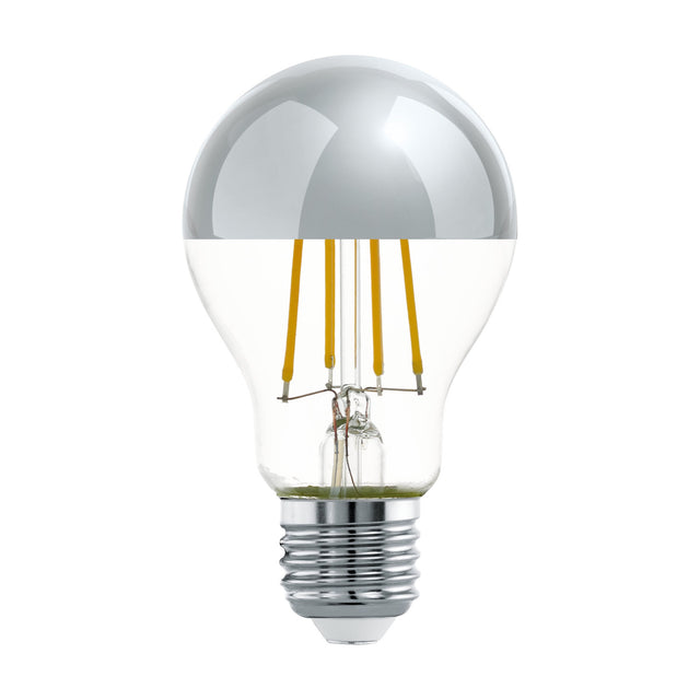 LED GLS bulb with chrome mirrored crown top and clear glass lower half revealing amber filaments, E27 screw cap, 7.3W warm white, on a plain white background.