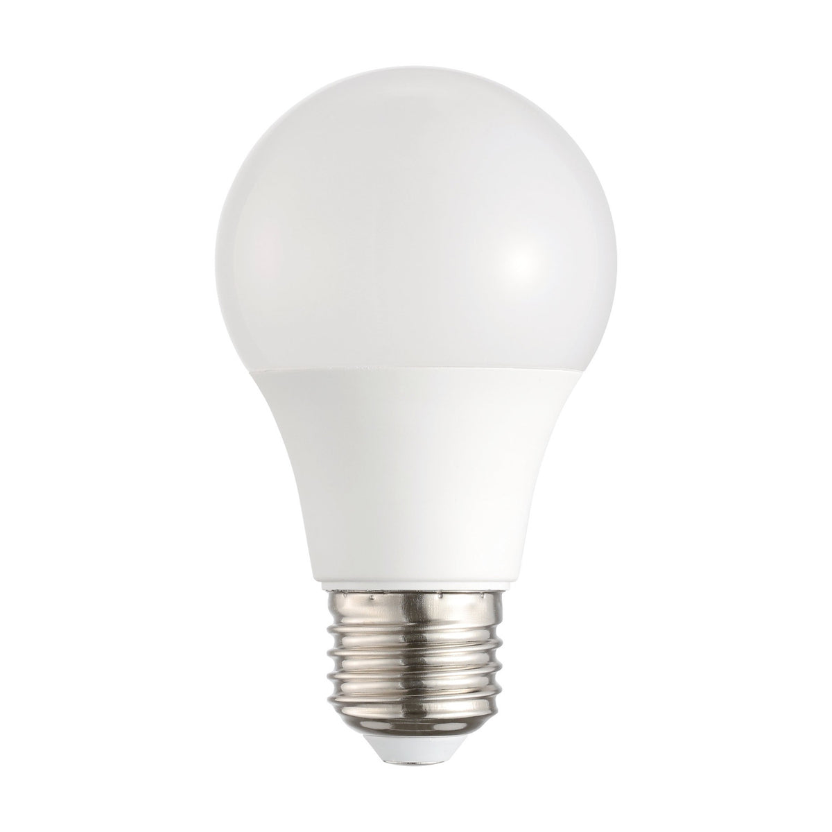 LED GLS light bulb in classic pear shape with opal white glass and a silver E27 screw cap, shown upright on a plain white background.