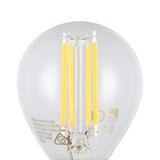 Close-up of the LED Golf Ball Bulb E14 P45 4W, showing clear glass with upright LED filaments on a central stem, 350lm warm white 2700K, on a plain white background.