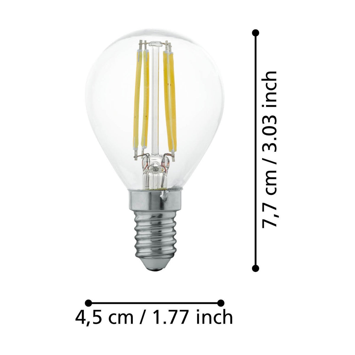 LED golf ball bulb with E14 screw cap, clear glass globe and visible upright filaments, shown with dimension labels 7.7cm height and 4.5cm width on a white background.