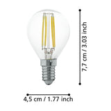 LED golf ball bulb with E14 screw cap, clear glass globe and visible upright filaments, shown with dimension labels 7.7cm height and 4.5cm width on a white background.