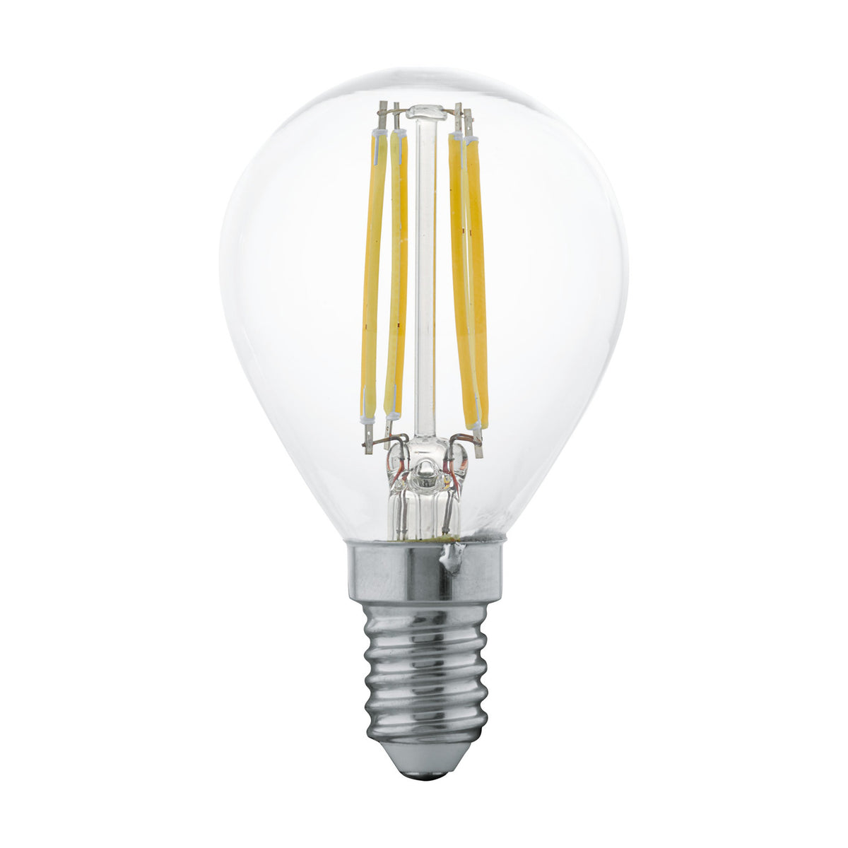 LED golf ball bulb with E14 screw cap, clear glass globe showing upright LED filaments, 4W 350lm warm white, shown on a plain white background.
