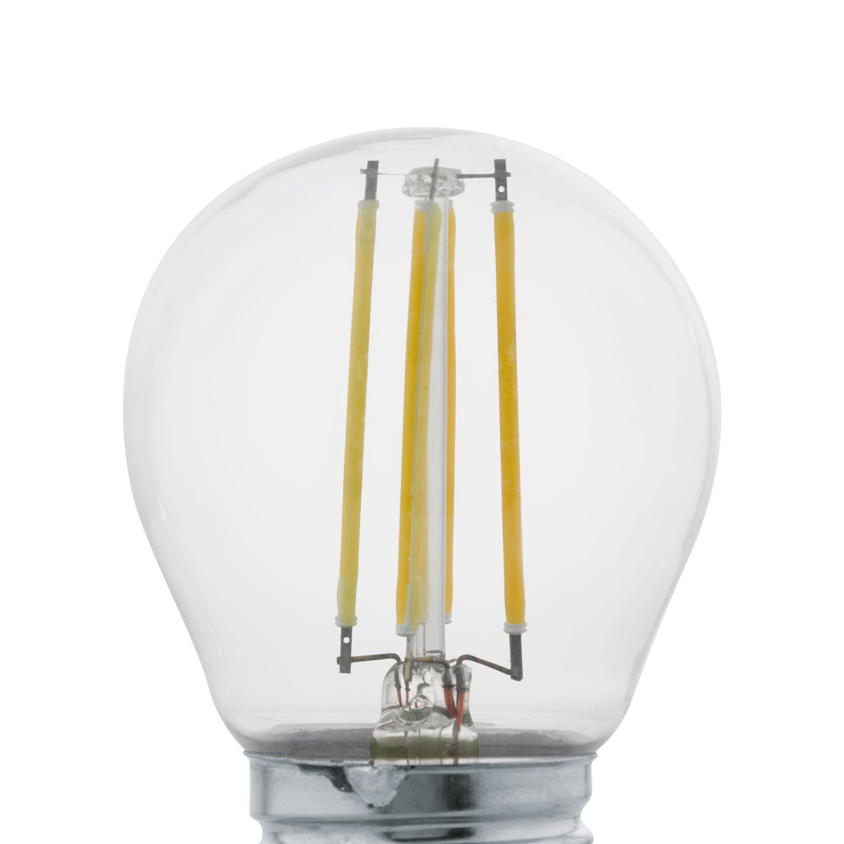 Close-up of an LED golf ball bulb, E27, with a clear glass globe showing four vertical warm white LED filaments, set against a plain white background.