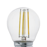 Close-up of an LED golf ball bulb, E27, with a clear glass globe showing four vertical warm white LED filaments, set against a plain white background.