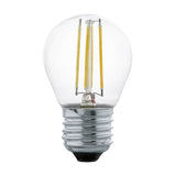 LED golf ball bulb with clear glass globe and visible filament strands, E27 Edison screw cap, G45 shape, shown on a plain white background.