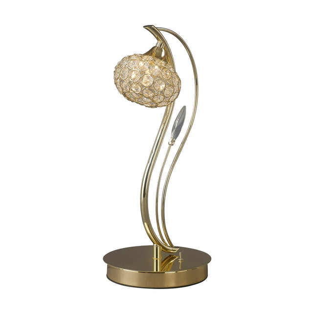 The Leimo 1 Light Crystal Table Lamp in French Gold features a gold base, curved stand, and a crystal-like spherical shade that emits a warm, inviting glow—perfect for modern interiors.