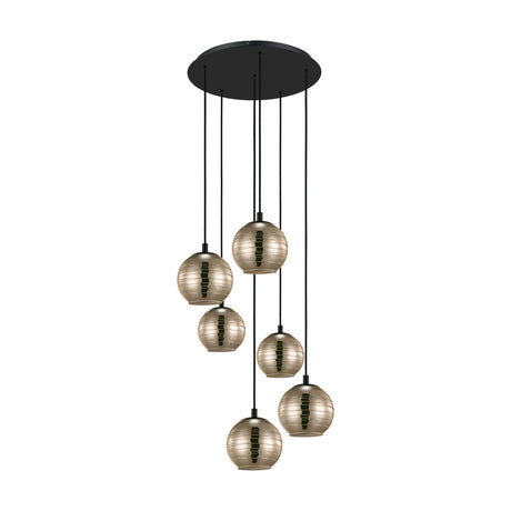 Lemorieta 6 light pendant with a round black ceiling plate, black cables at staggered lengths, and six ribbed, gold-tinted glass globe shades, shown on a plain white background.