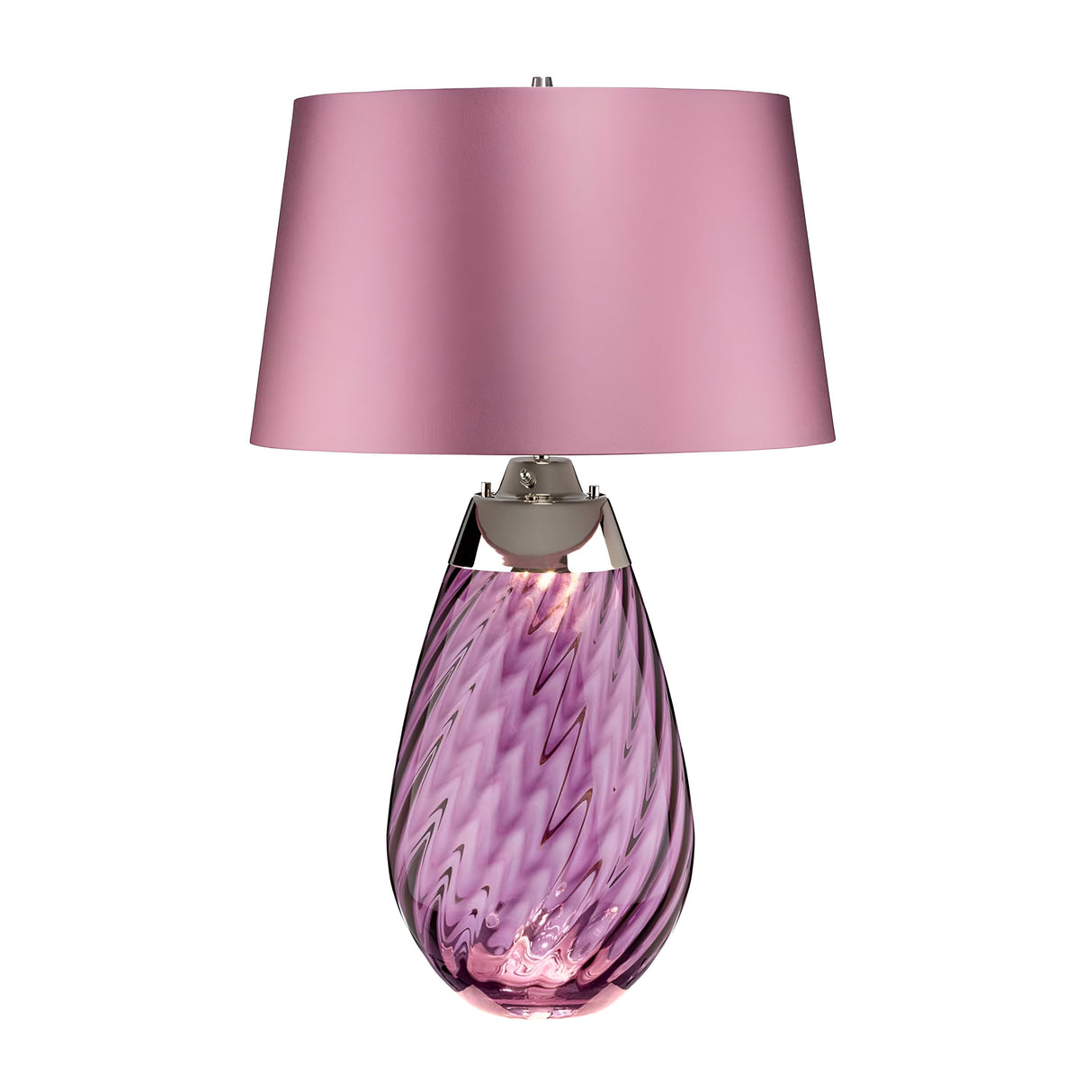 The Lena 2 Light Large Plum Table Lamp with a Heather Shade offers a stylish contemporary design, featuring a light purple mouth-blown glass base embellished with an elegant swirl pattern, and completed by a smooth matching purple shade. This refined piece enhances any room with its sophisticated charm.