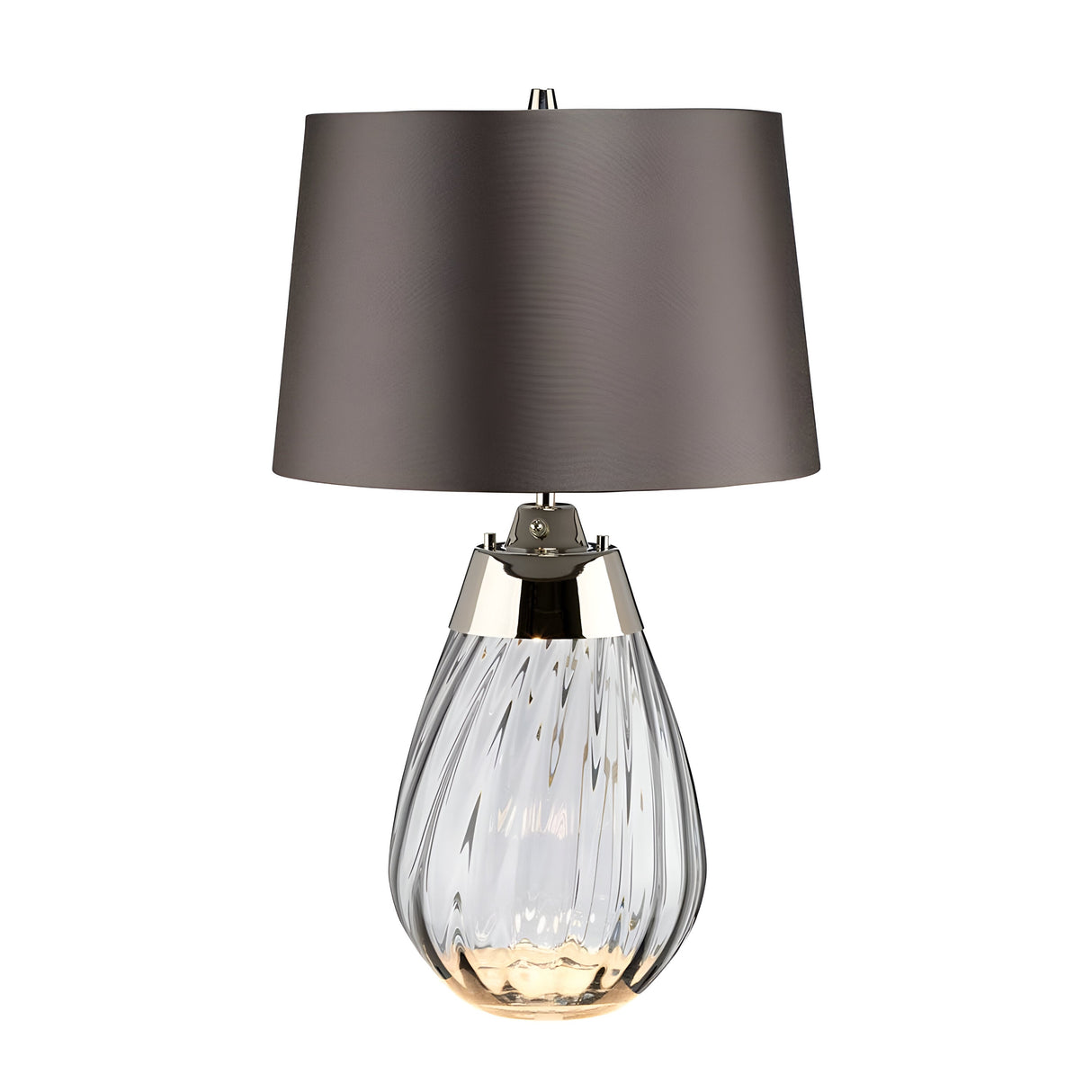 Introducing the Lena 2 Light Small Smoke Table Lamp, featuring a slate shade and a smoke-tinted glass base with elegant swirling patterns. Metallic accents elevate its sophisticated appearance, while the innovative Dual-Lit system provides versatile lighting options.